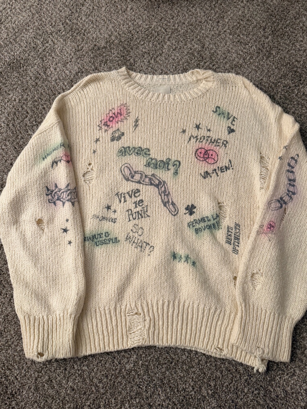 Mother Cream Graphic Distressed Crewneck Sweater